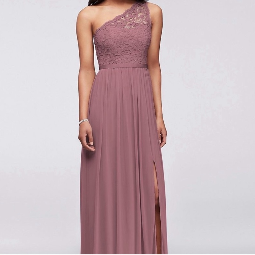 David's Bridal Mauve Asymmetrical Ruched Gown